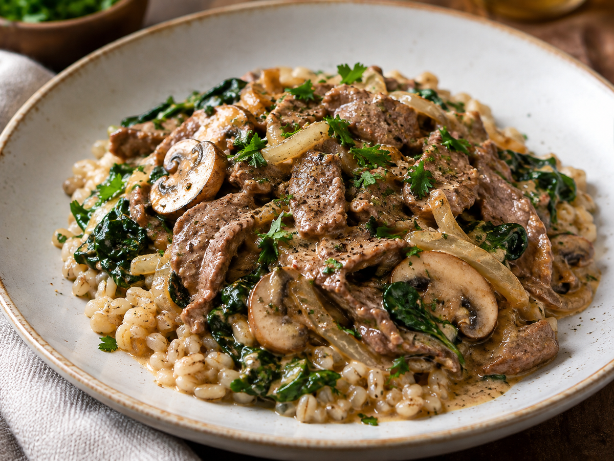 Beef Stroganoff - Pearl Barley, Mushroom & Spinach