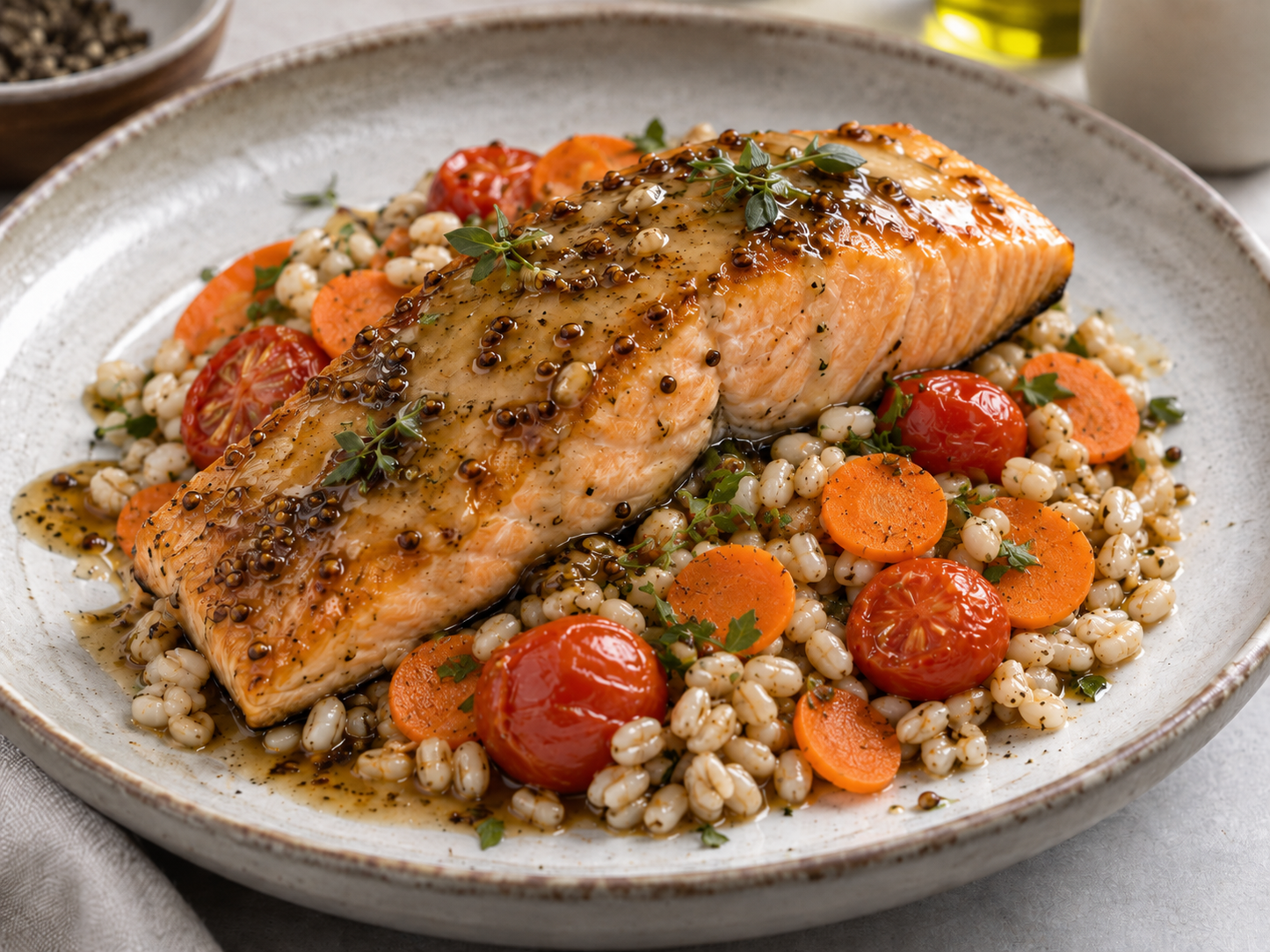 Miso Mustard Salmon - Pearl Barley, Cherry Tomatoes & Carrot