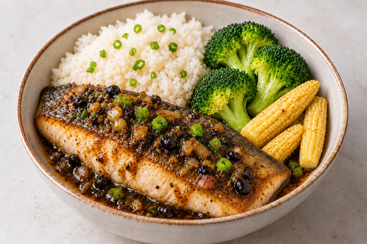 Black Bean Barramundi - Jasmine Rice, Broccoli & Baby Corn
