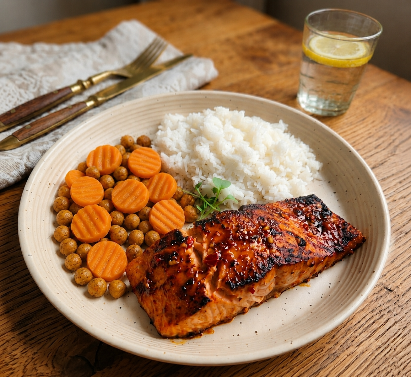 Crimson Harissa Salmon - White Rice & Spiced Chickpeas Carrots