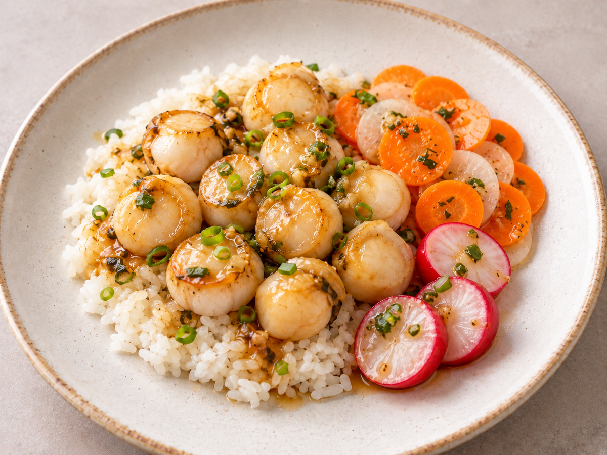 Dashi Scallops - Jasmine Rice, Daikon & Carrot