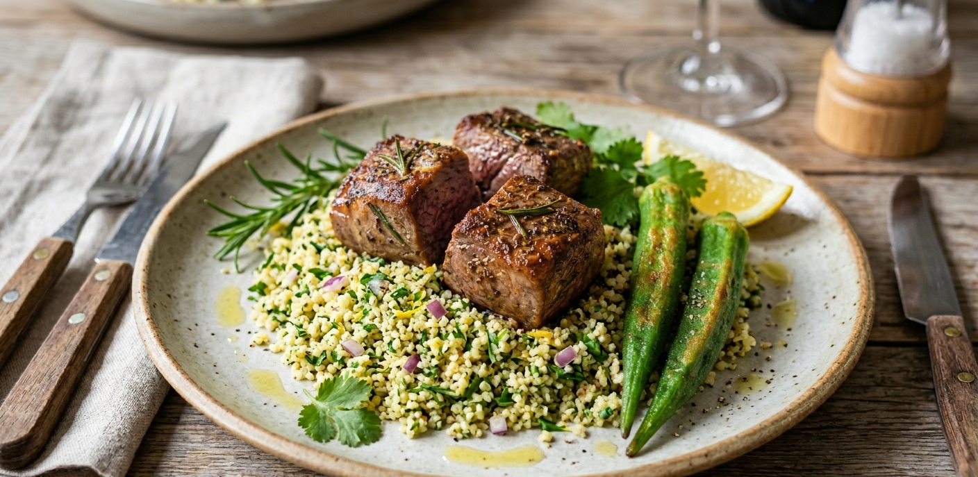 Rosemary Pepper Lamb - Zesty Herb Couscous & Lady Finger