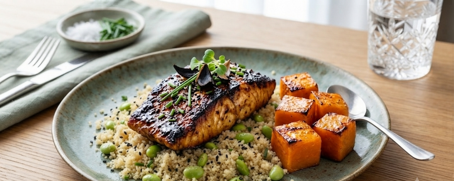 Black Garlic Miso Barramundi - Couscous & Edamame Pumpkin