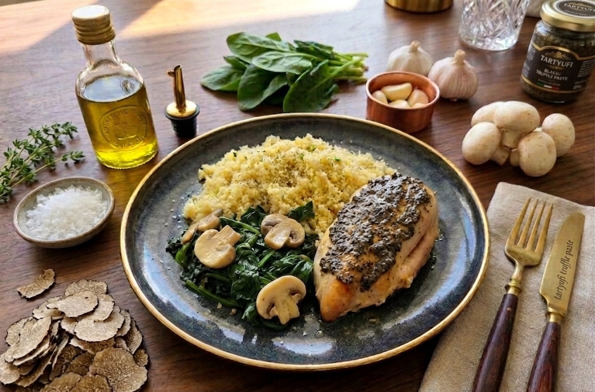 Black Truffle Chicken - Couscous & White Button Mushrooms Spinach