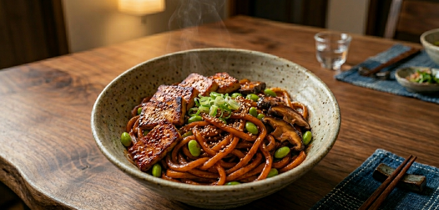 Gochujang Tofu Udon - Edamame & Shiitake Mushrooms