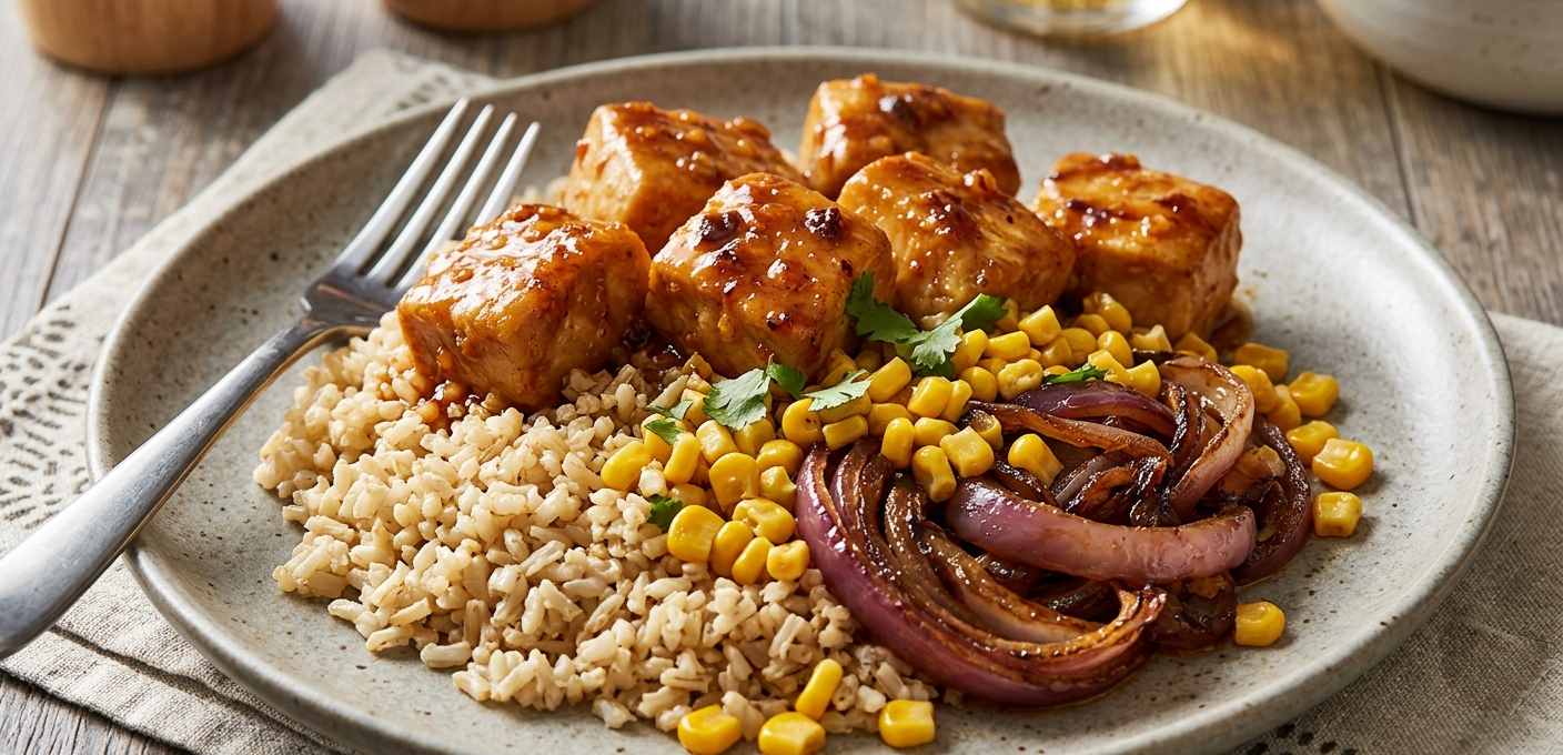 Pineapple Chipotle Chicken - Brown Rice & Caramelised Onions & Corn