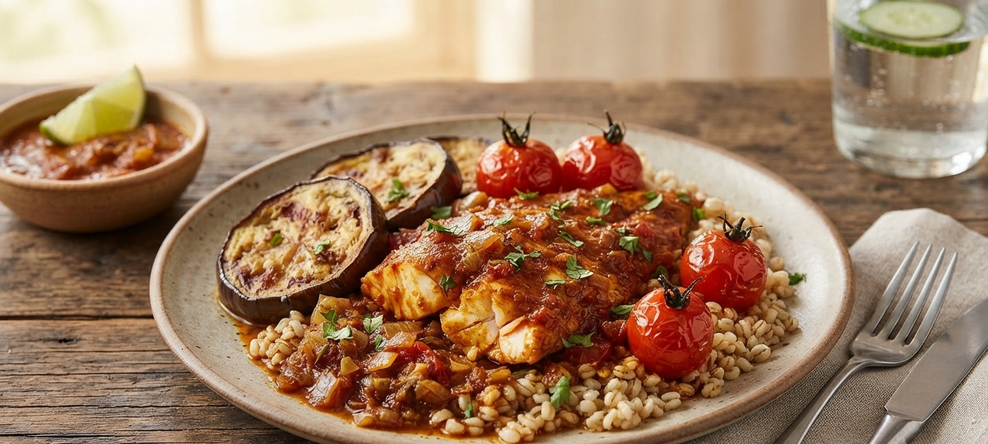 Tomato Curry Stingray - Pearl Barley & Eggplant Cherry Tomato