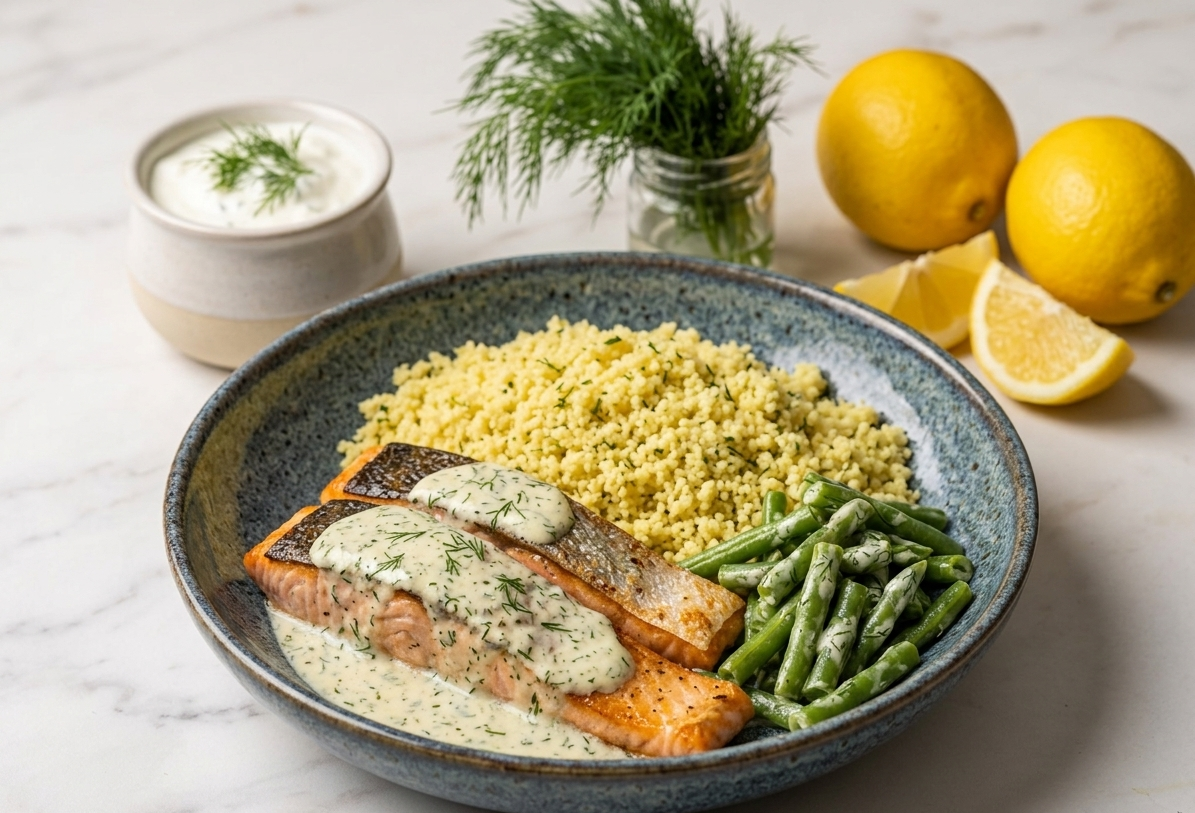 Dill Yogurt Salmon - Herb Couscous & Garlic Long Beans