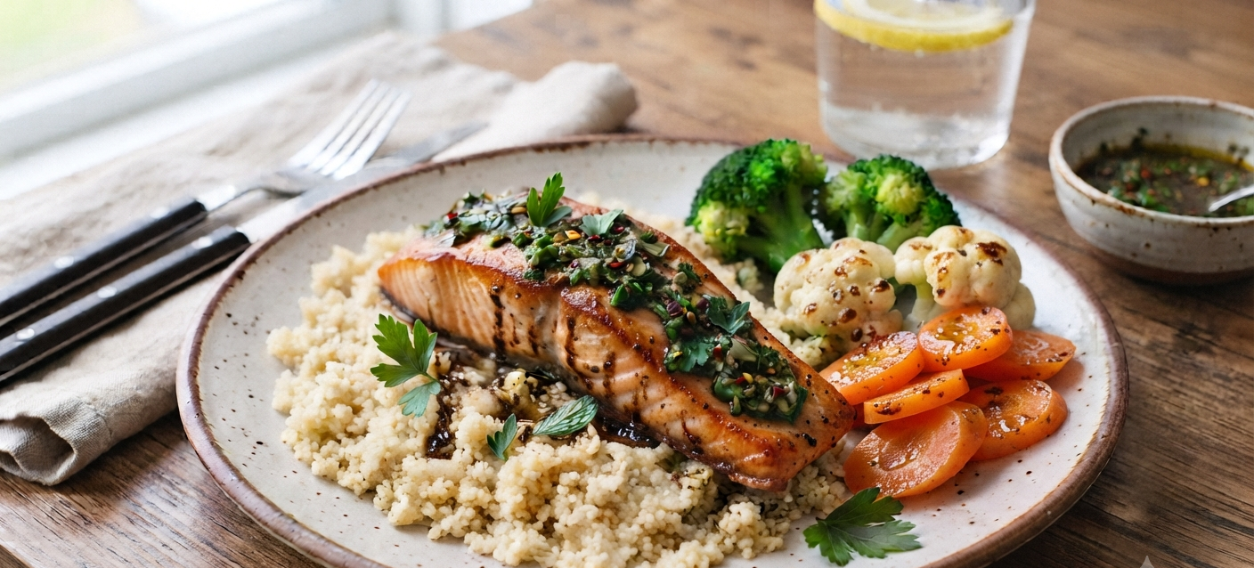 Balsamic Chimichurri Salmon - Couscous & Rainbow Veggies