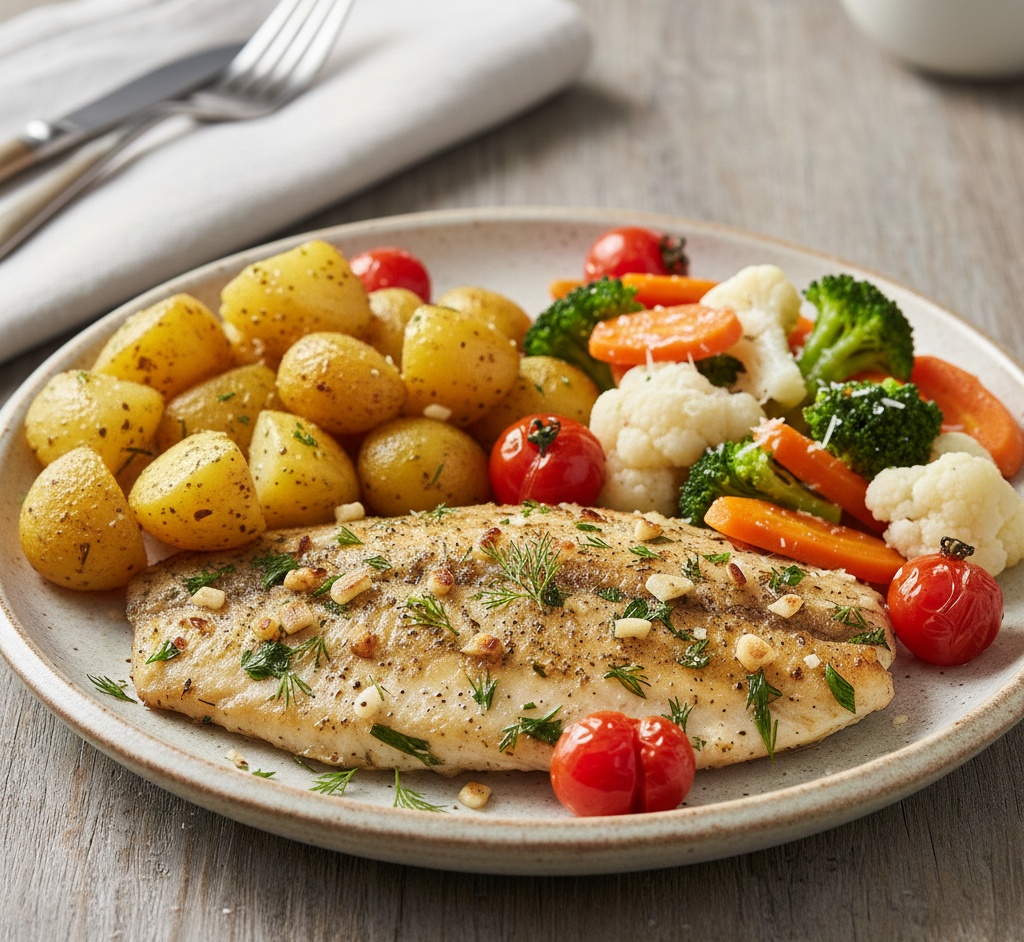 Mediterranean Fish - Garlic Herb Potatoes & Parmesan Rainbow Veges