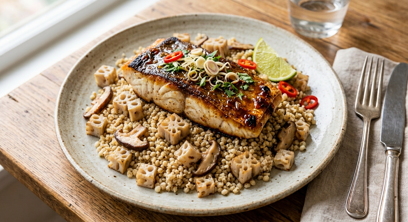 Tamarind Lemongrass Barramundi - Herb Couscous & Lotus Root Shiitake