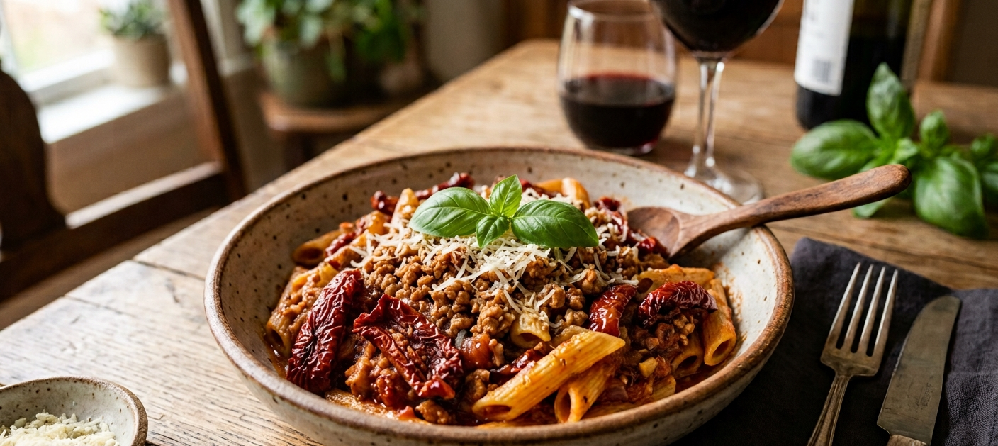 Tomato Basil Chicken Ragu Penne - Red Bell Peppers