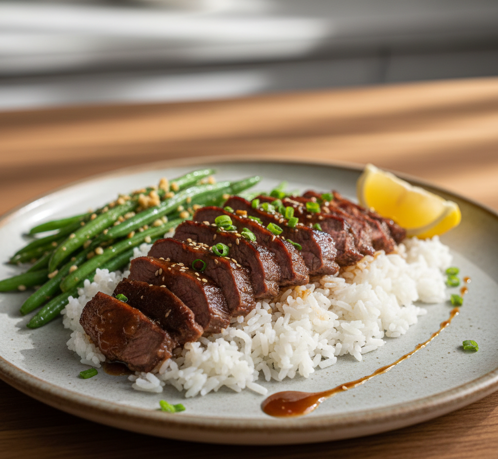 Caramelised Soy Lemon Beef With Fluffy Rice & Garlic Long Beans