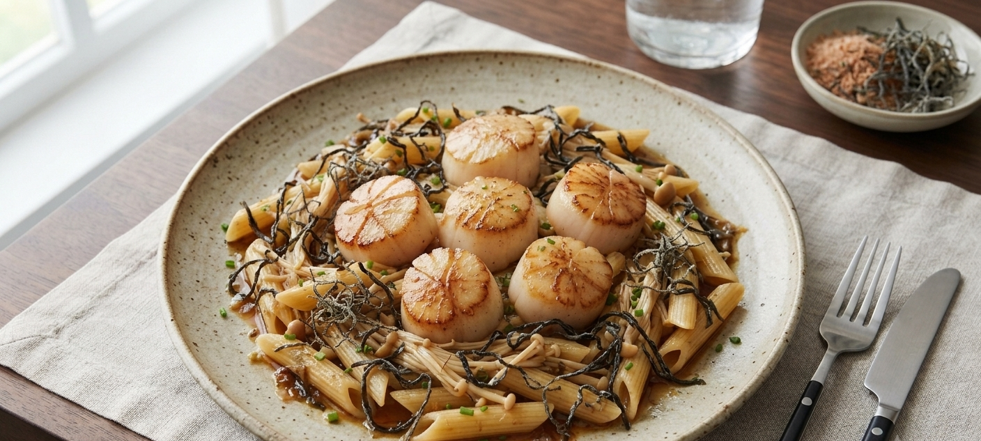 Dashi Scallops - Penne & Enoki Mushrooms Kelp