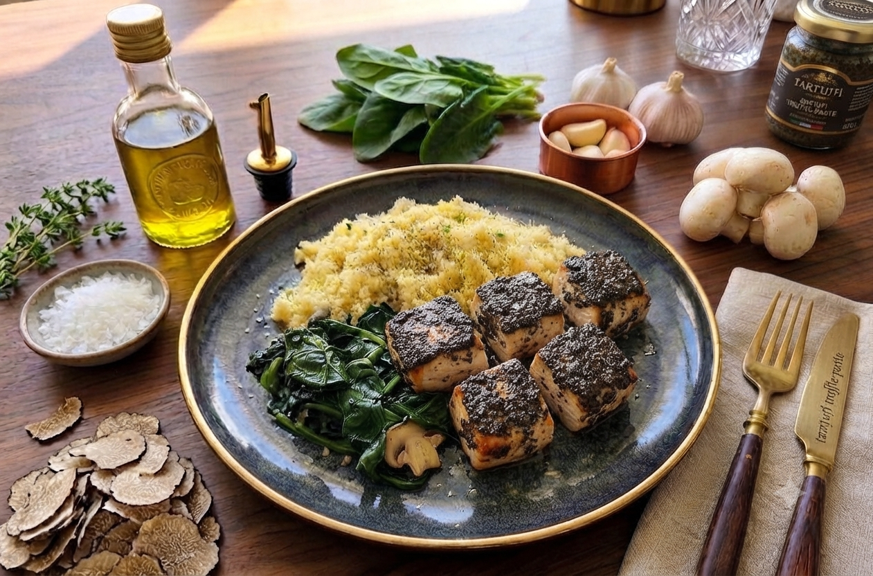 Black Truffle Chicken - Couscous & White Button Mushrooms Spinach