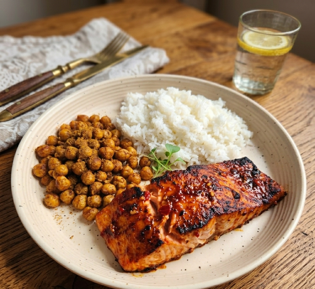 Crimson Harissa Salmon - Fluffy Rice & Spiced Chickpeas
