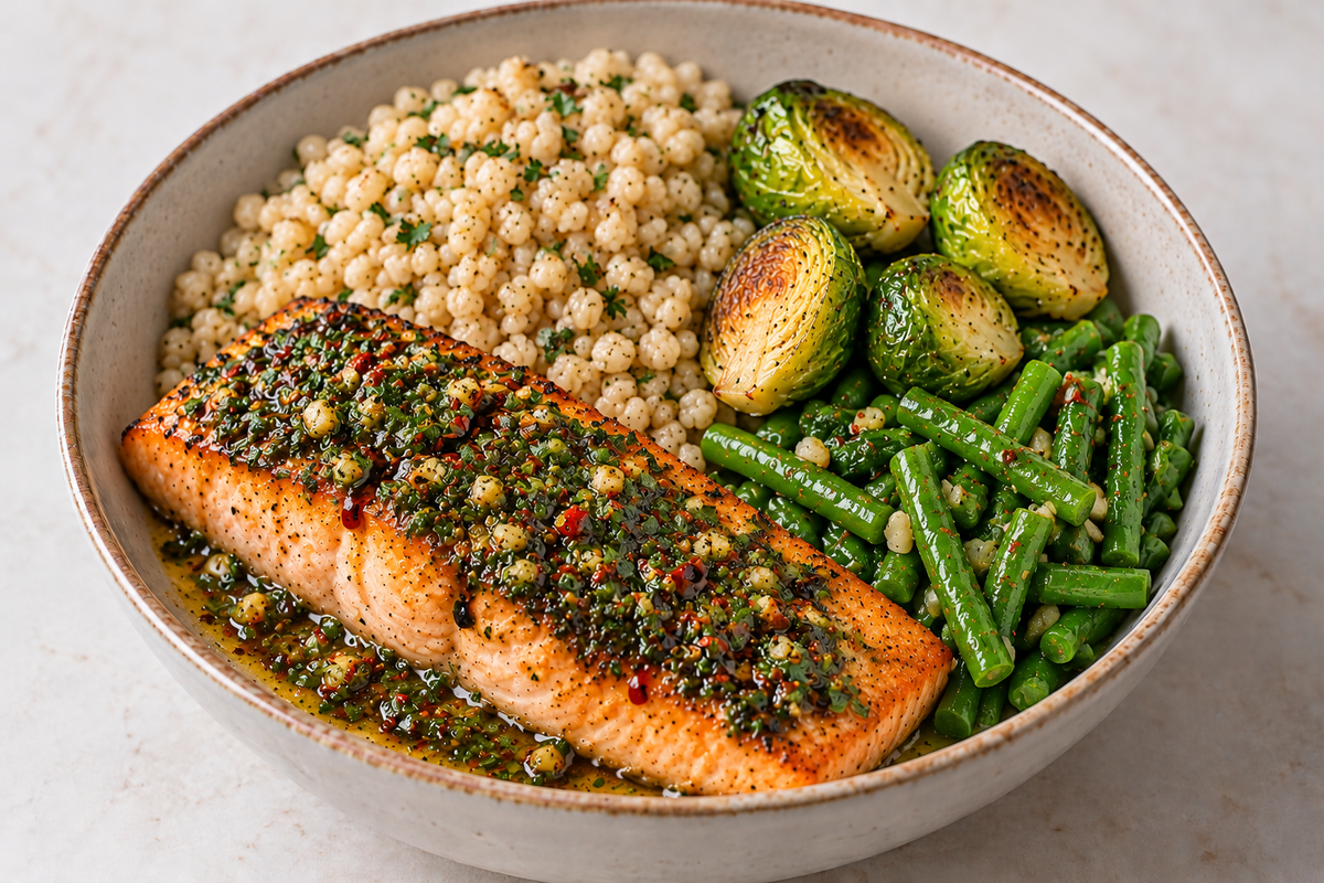 Balsamic Chimichurri Salmon - Pearl Barley, Brussels Sprouts & Long Beans