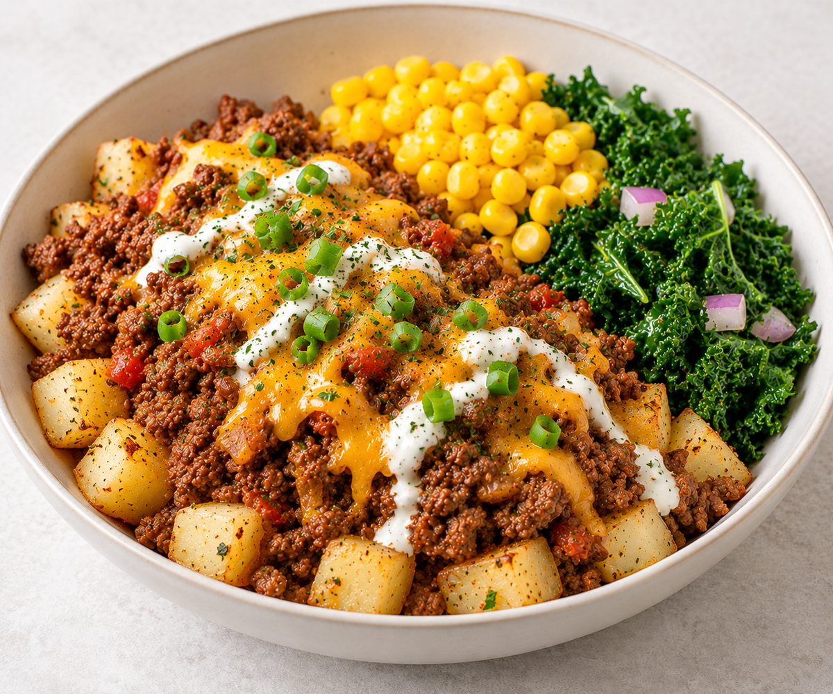 Loaded Potatoes - Minced Beef, Sweetcorn & Kale