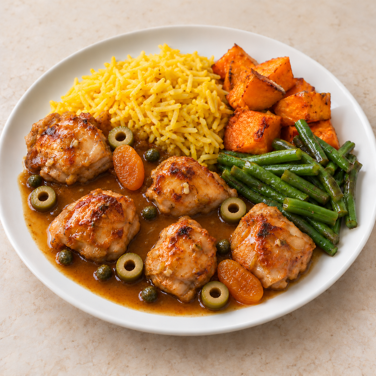 Olive and Apricot Chicken with five chicken pieces, two dried apricots, sliced green olives and reduced capers, saffron rice, pumpkin and long beans