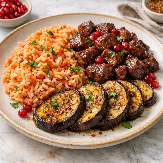 Lamb à la Pomegranate - Tomato Pilaf & Roasted Eggplant