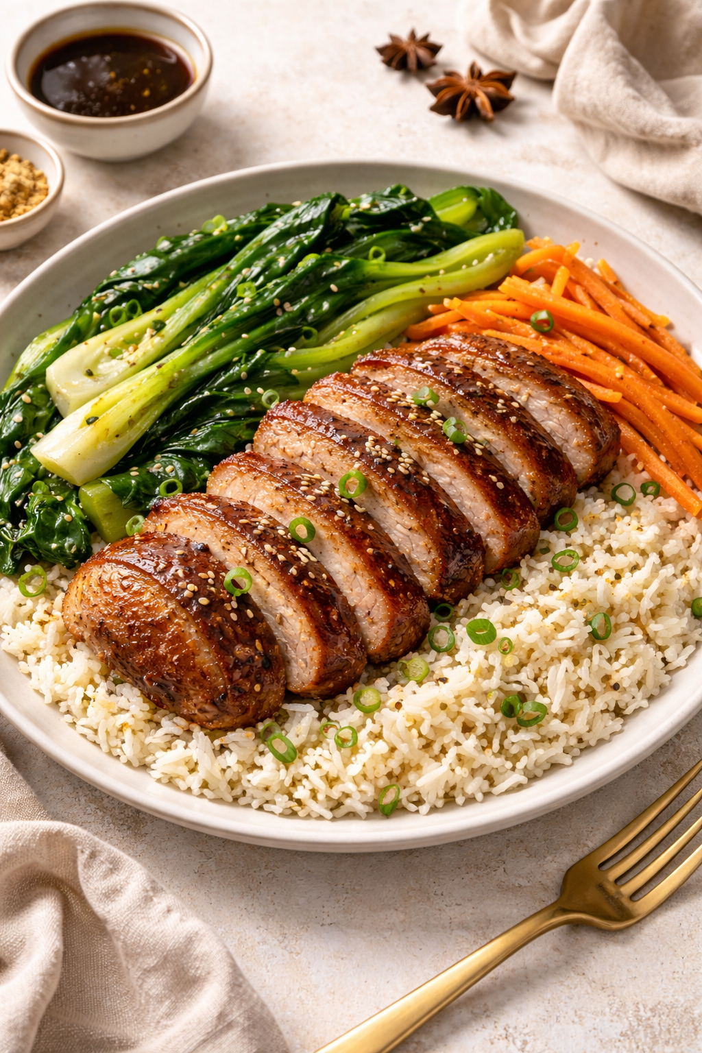 5 Spice Duck - Fluffy Rice & Garlic Pak Choy + Carrot