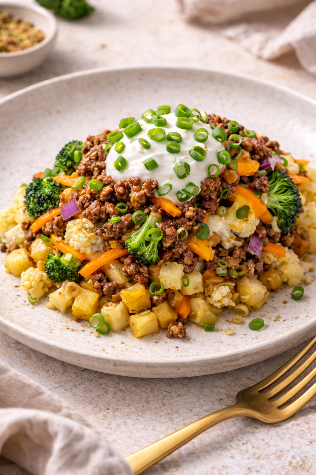 Hearty Beef & Yogurt Spring Onion Loaded Potatoes - Rainbow Veggies