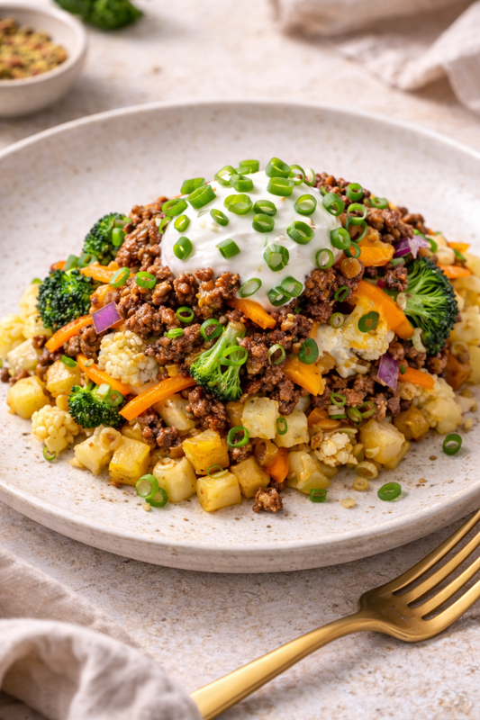 Hearty Beef & Yogurt Spring Onion Loaded Potatoes - Rainbow Veggies