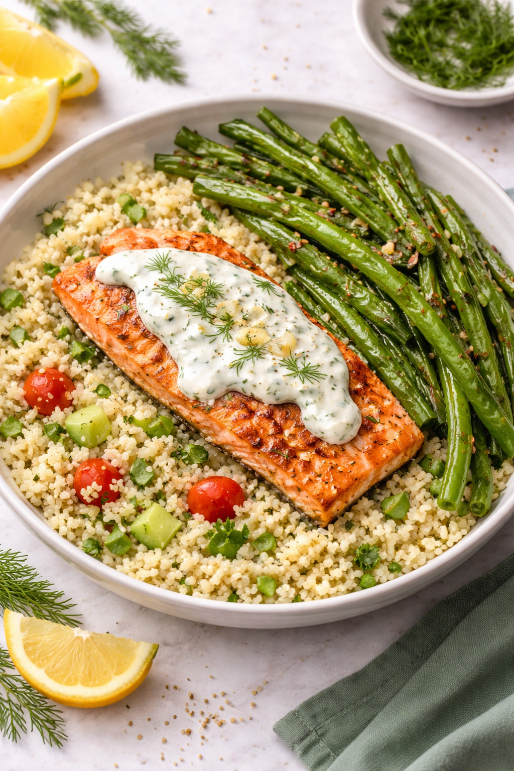 Dill Yogurt Salmon - Herb Couscous & Garlic Long Beans