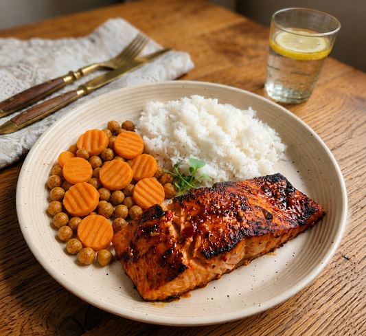 Crimson Harissa Salmon - White Rice & Spiced Chickpeas Carrots