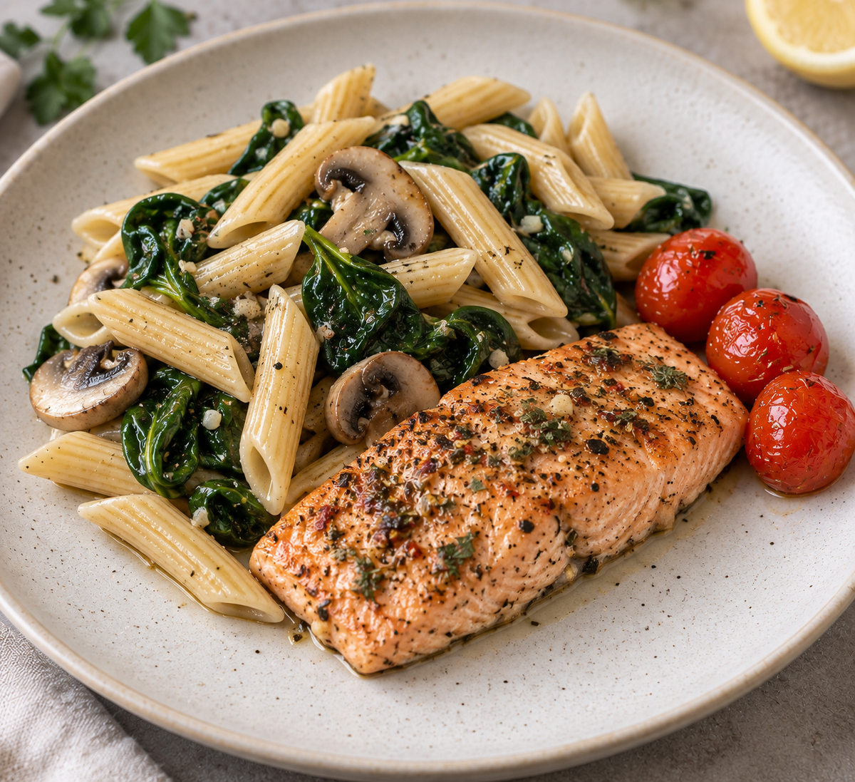 Creamy Tuscan Salmon - Penne, Spinach & Sun-Dried Tomato