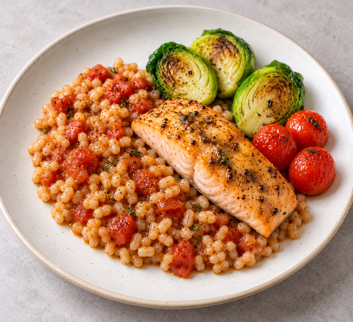 Honey Mustard Salmon - Pearl Barley, Brussels Sprouts & Cherry Tomato