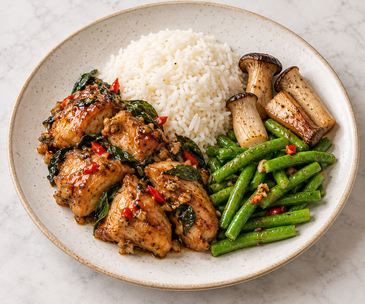 Basil Sesame Chicken - Jasmine Rice, King Oyster Mushroom & Long Beans
