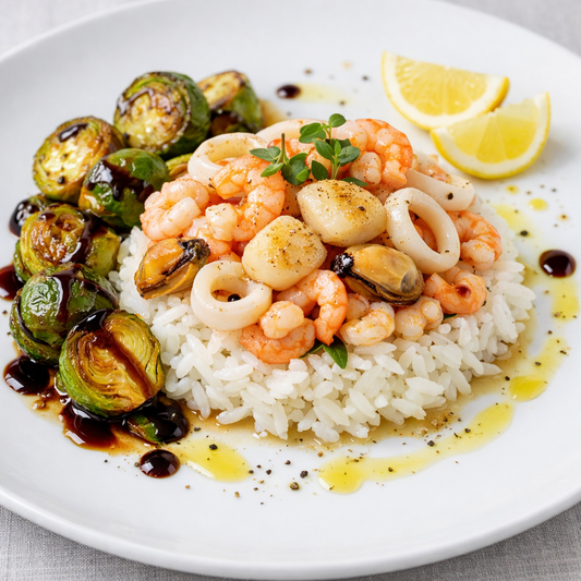 Umami Seafood Quartet with Balsamic Brussels