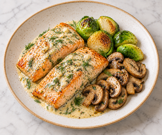 (Double Protein. Low Carb) Dill Yogurt Salmon - Brussels Sprouts & Mushroom