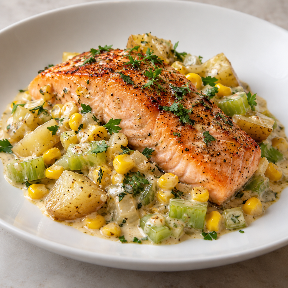 Creamy Corn Salmon - Potato, Corn & Celery