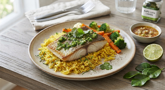 Kaffir Lime Barramundi - Saffron Rice & Rainbow Veggies