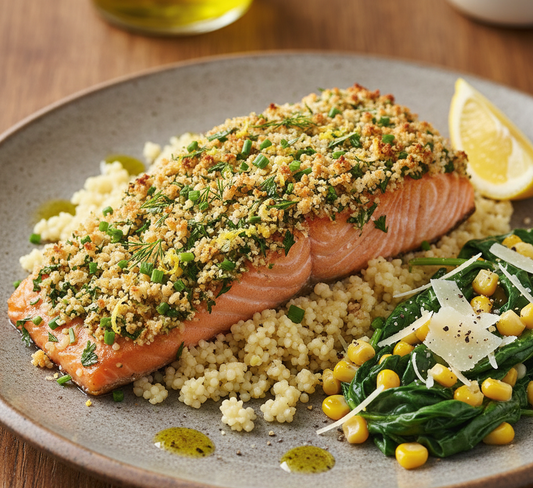 Parsley Garlic Crusted Salmon - Couscous & Parmesan Corn Spinach