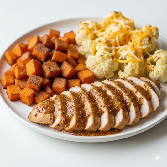 Honey Mustard Chicken - Cinnamon Sweet Potatoes & Cheesy Cauliflower