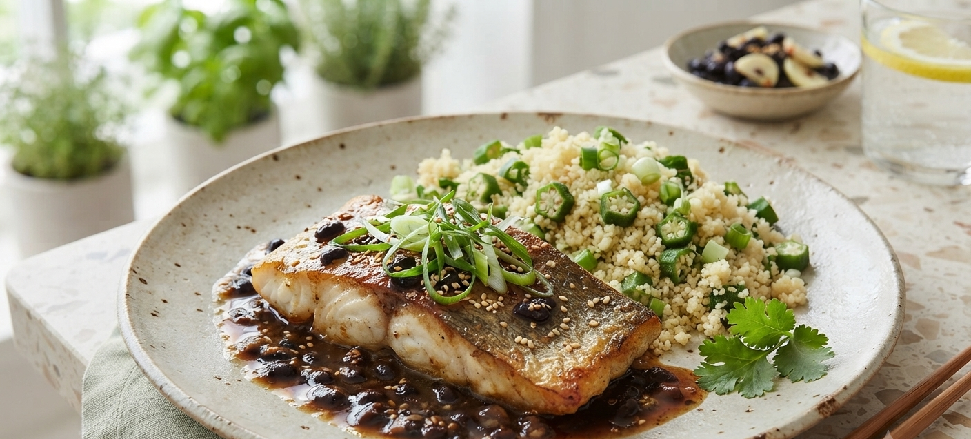 Black Bean Barramundi - Couscous & Lady's Finger Spring Onion