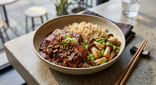 Mapo-Style Tofu - Brown Rice & Mushroom Edamame (Vegetarian)