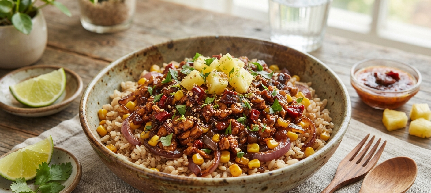 Pineapple Chipotle Chicken - Brown Rice & Caramelised Onions & Corn