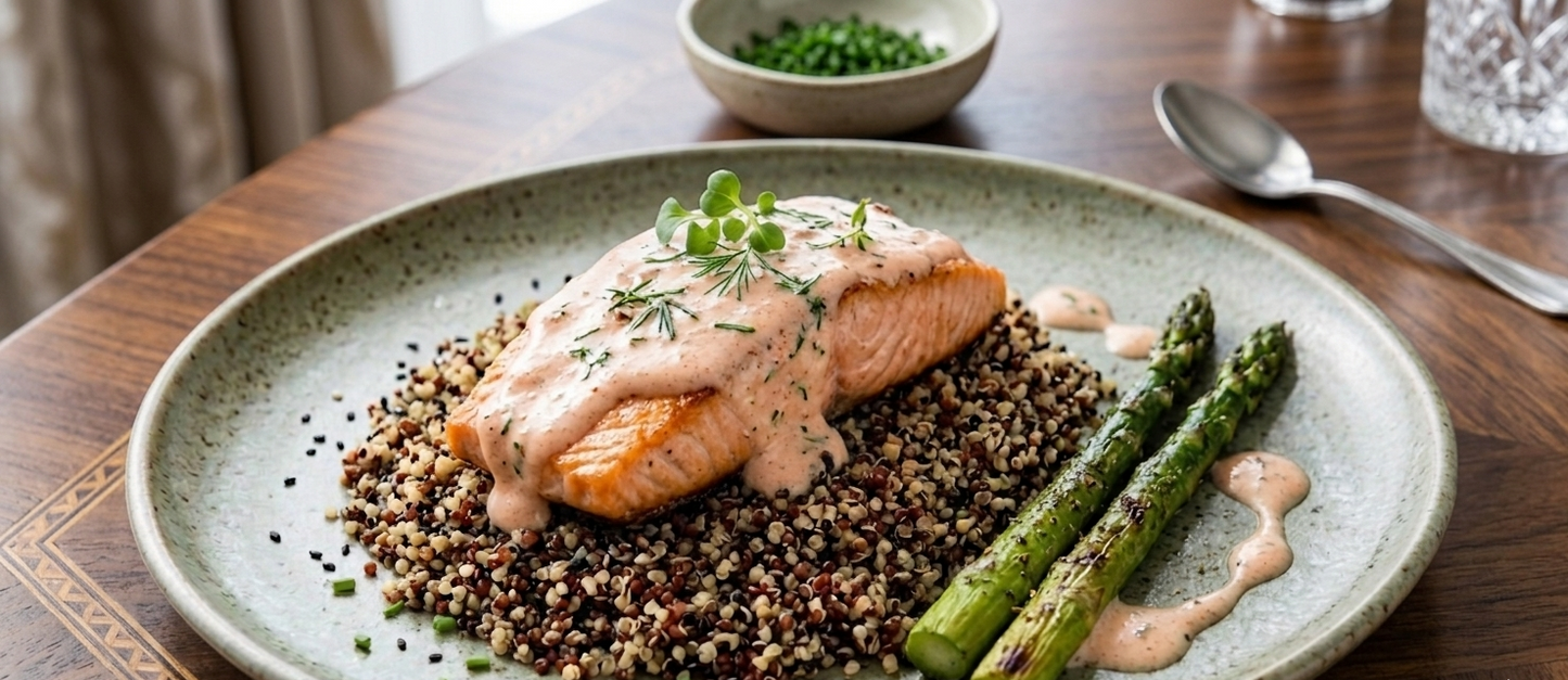 Mentaiko Salmon - Tricolour Quinoa & Asparagus