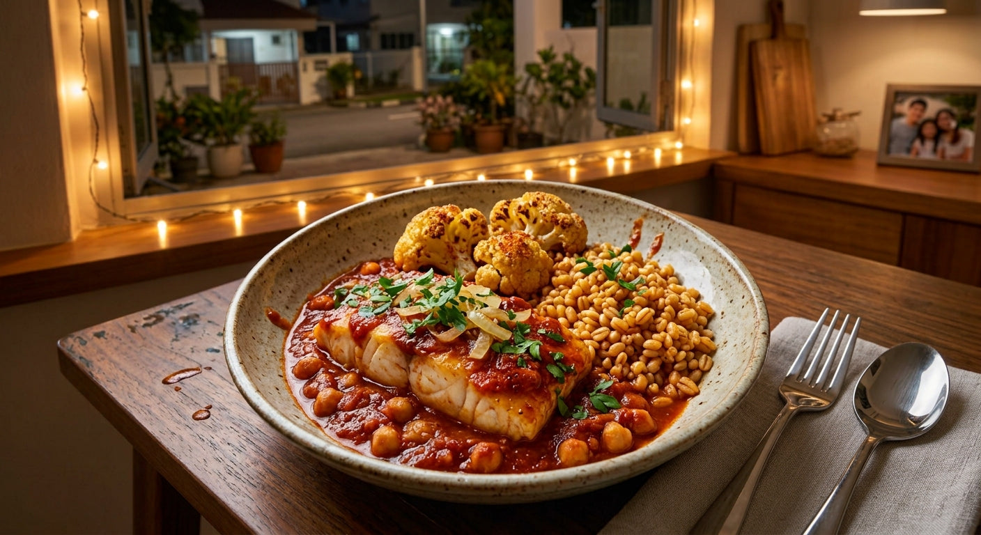 Spanish Halibut in Tomato Braise - Pearl Barley, Cauliflower & Chickpeas