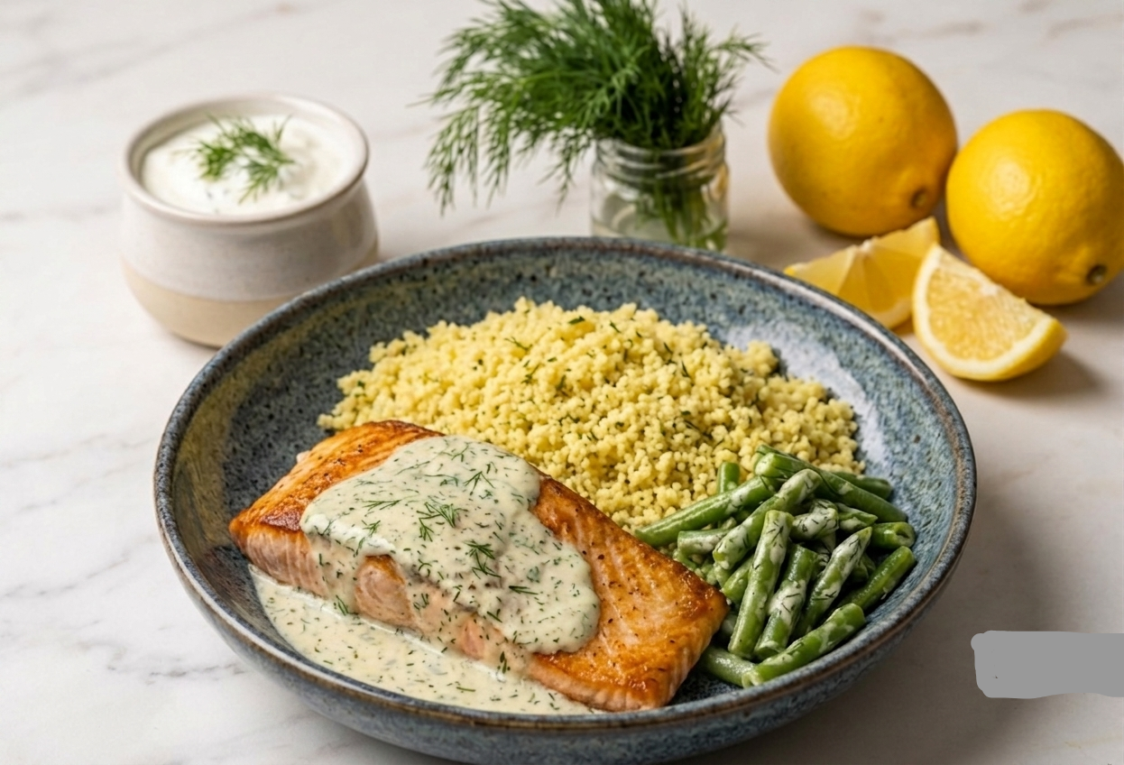 Dill Yogurt Salmon - Herb Couscous & Garlic Long Beans