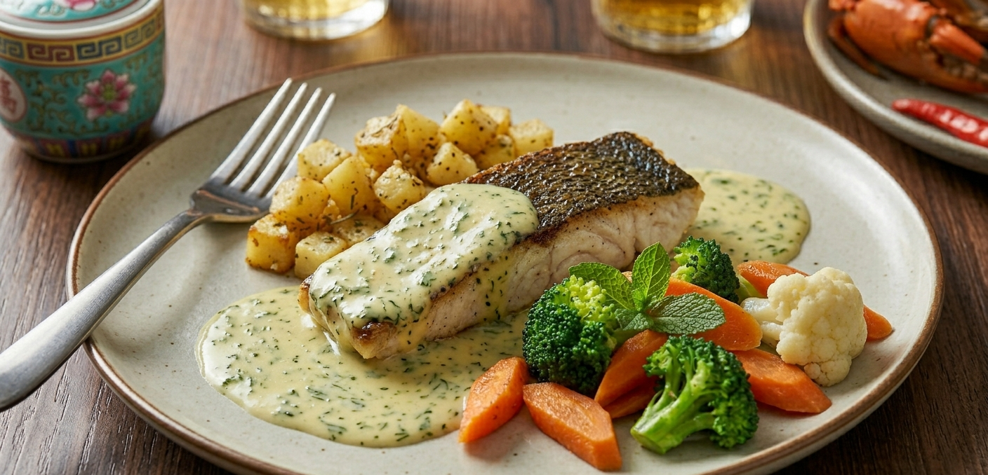 Mint Lemon Cream Barramundi - Garlic Herb Potatoes & Rainbow Veggies