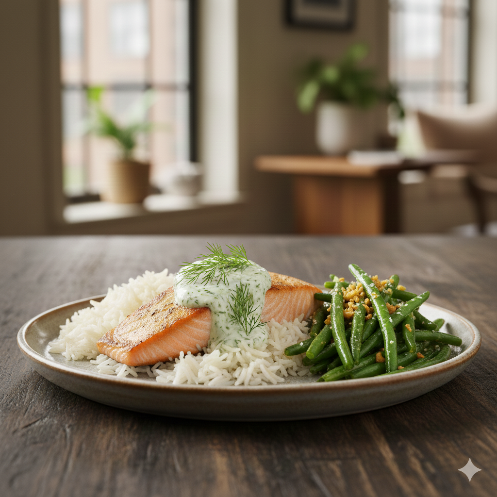 Dill Yogurt Salmon - Fluffy Rice & Garlic Long Beans