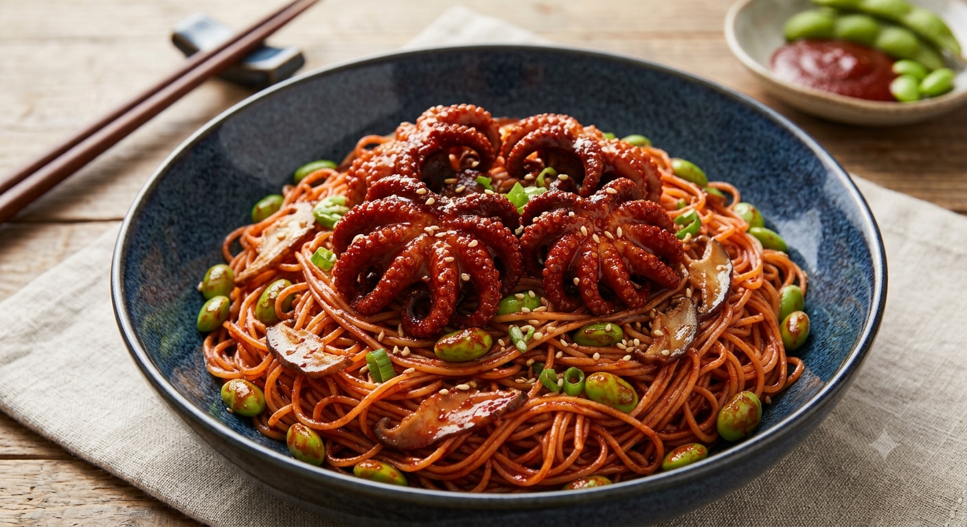 Gochujang Baby Octopus Udon - Edamame & Shiitake Mushrooms