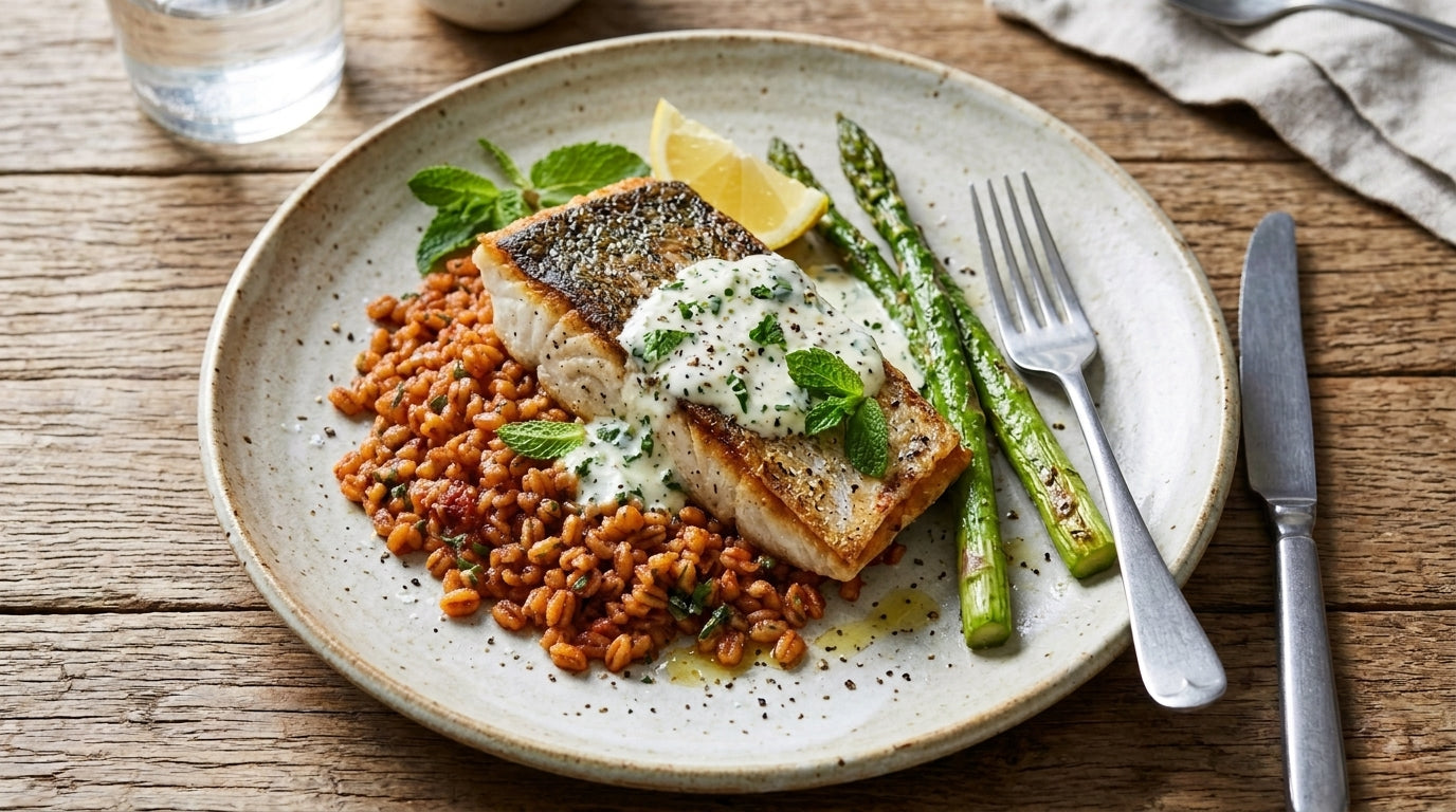 Mint Lemon Cream Barramundi - Tomato Pearl Barley & Asparagus