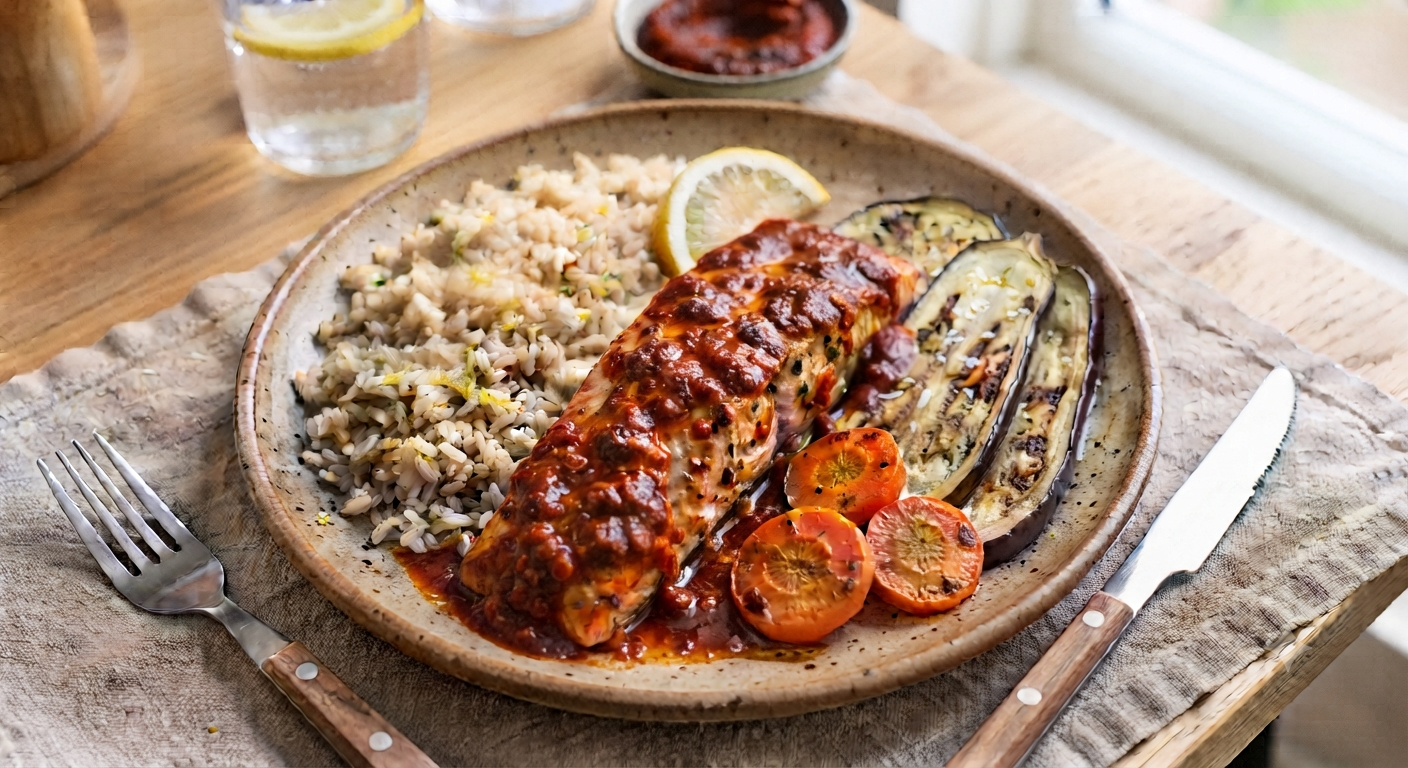 Harissa Salmon - Brown Rice & Eggplant Carrot