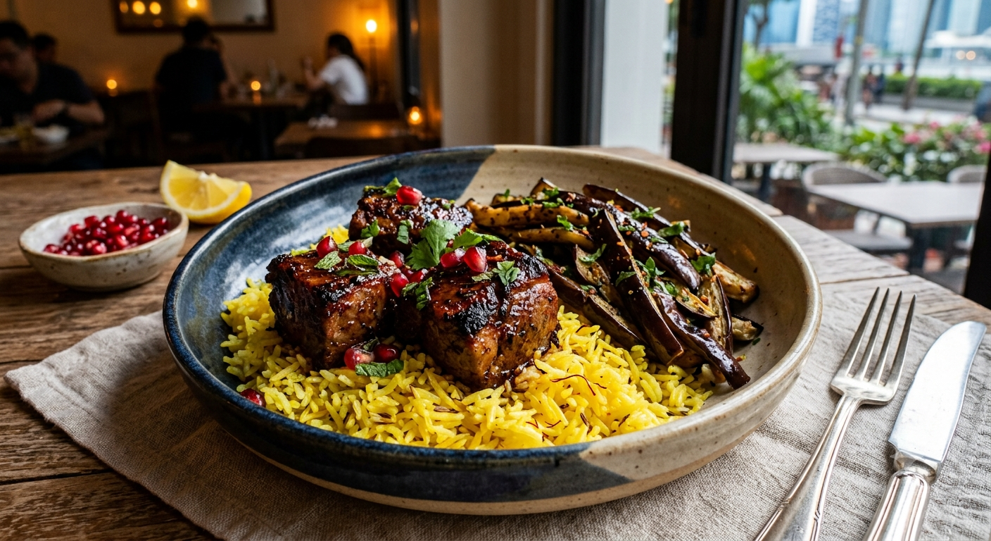 Pomegranate Spiced Lamb - Saffron Rice & Eggplant